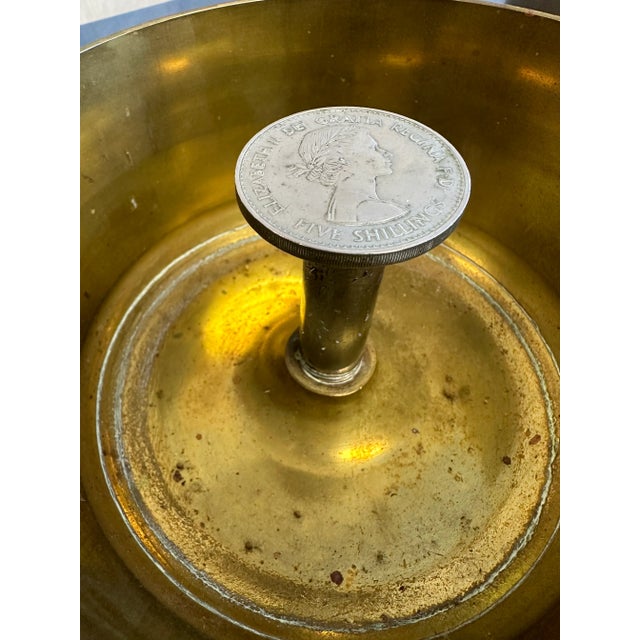 Metal Early 20th Century Pair of Trench Art Catchalls or Ashtrays of Brass Artillery Shell Casings With Coins For Sale - Image 7 of 11