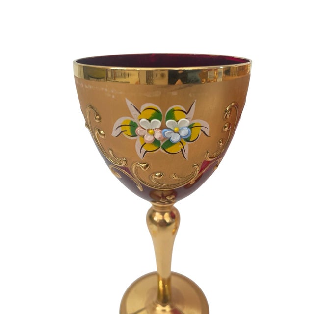 Vintage Murano Glass E. Vianello Signed & Painted 24kt Ruby Decanter, 6 Wine, 5 Brandy. Set of 12 For Sale - Image 4 of 12