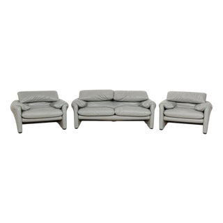 Maralunga Leather Two-Seater Sofa and Lounge Chairs from Cassina, Set of 3 For Sale