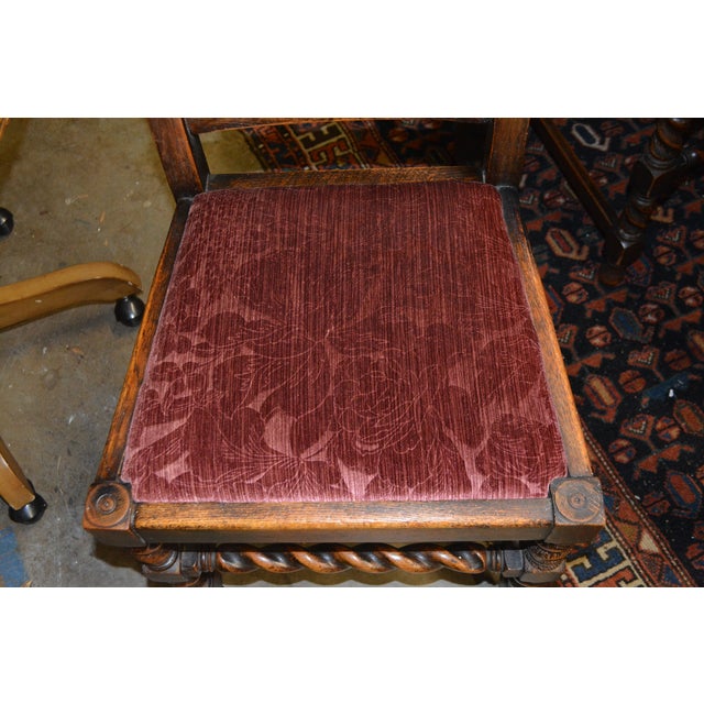 Chestnut 1930s Vintage English Oak Barley Twist Extending Pub Table & 4 Dining Chairs Set W/ Wine Upholstery - Set of 5 For Sale - Image 8 of 18