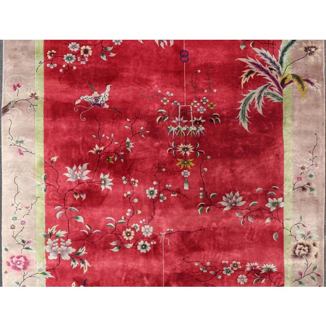 Antique Art Deco Rug in Rich Red Field With Light Grey and Floral Accents For Sale - Image 9 of 14