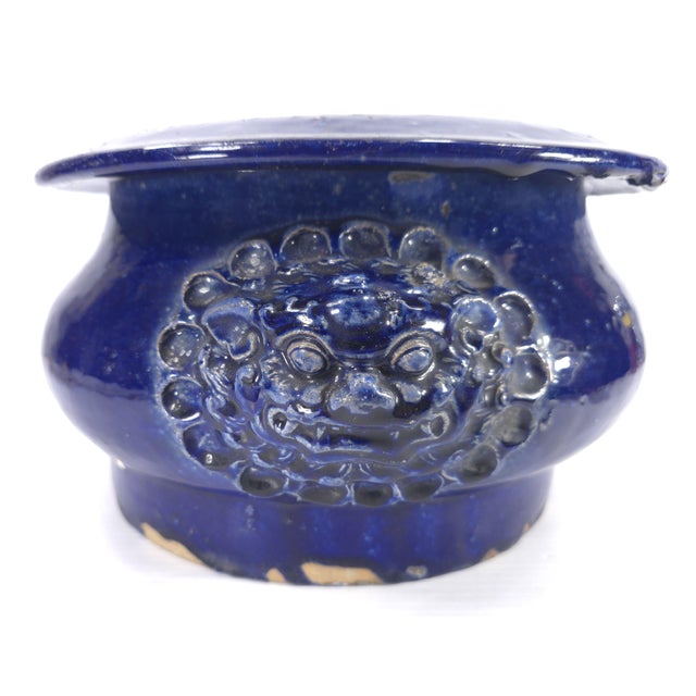Asian Asian Signed Cobalt Blue Ceramic Bowl Pot Planter Lion Heads For Sale - Image 3 of 9