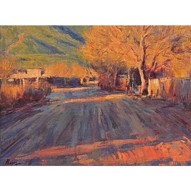 Rustic Late Afternoon Taos Pueblo by Lorenzo Chavez | Oil Painting of a sunlit road in Taos Pueblo For Sale - Image 3 of 3