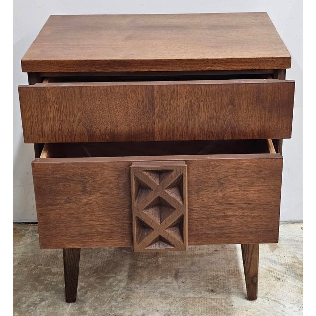 Mid-Century Scandinavian Modern Style Two Drawer Walnut Bedside Table For Sale - Image 4 of 10