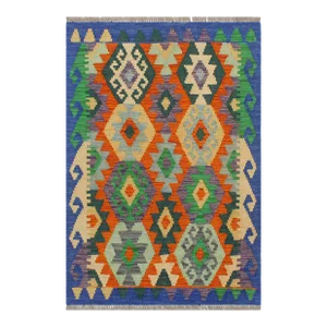 Kilim Rust Blue Wool Rug - 2'9" X 3'4"