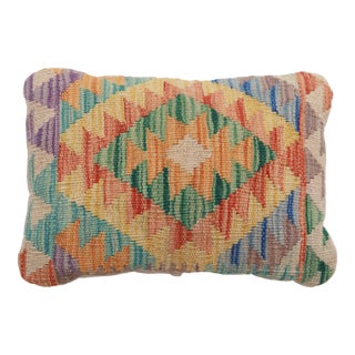 Arteverk Handwoven Afghan Kilim Lumbar Pillow — Green & Orange Harlequin Diamonds For Sale
