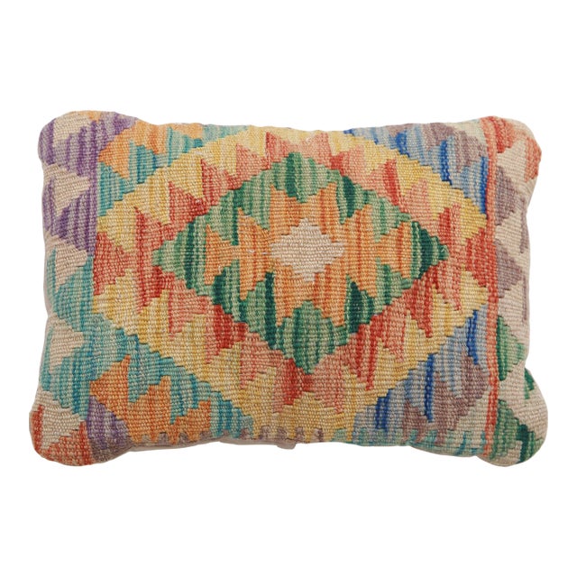 Arteverk Handwoven Afghan Kilim Lumbar Pillow — Green & Orange Harlequin Diamonds For Sale