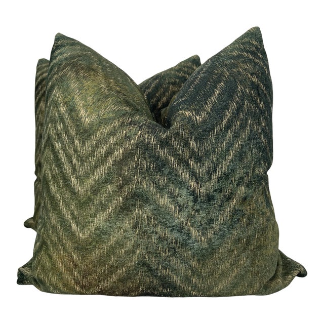 Chevron Embossed Velvet in Green 22" Pillows-A Pair For Sale
