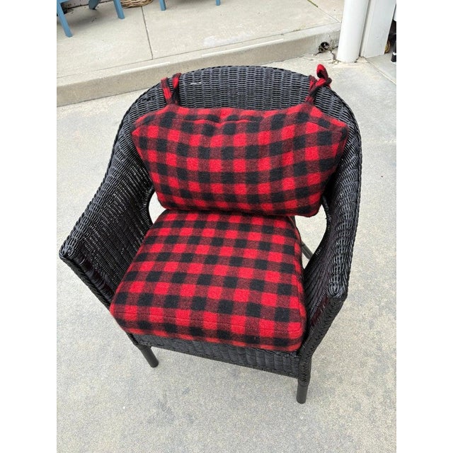 Black Wicker Chair W/ Buck Plaid Seat Cushions For Sale - Image 11 of 13