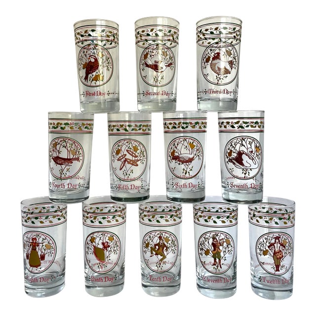 Mid 20th Century Complete Set 12 Days of Christmas Anchor Hocking Glasses For Sale