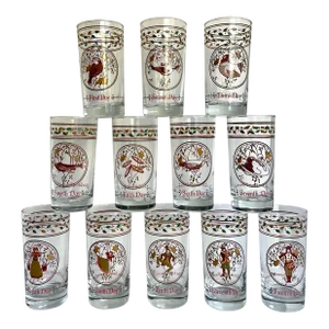 Mid 20th Century Complete Set 12 Days of Christmas Anchor Hocking Glasses