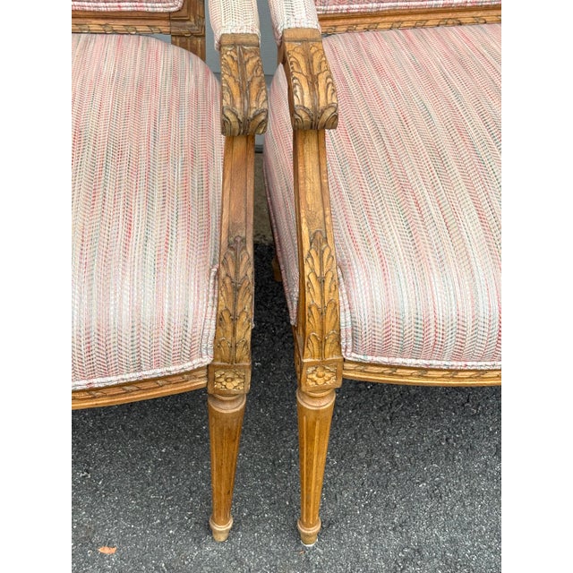 Vintage Louis XVI Carved Wood and Upholstered Arm Chairs - A Pair For Sale In New York - Image 6 of 12