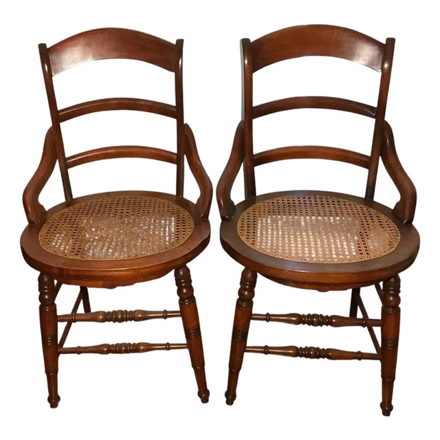 Pair of Victorian Ladder-Back Arm Chairs With Round Cane Seats, Walnut, C. 1880s For Sale