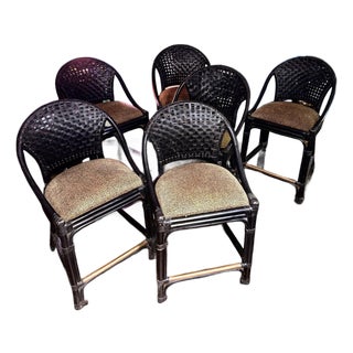 Palecek Designer Black Woven Rattan Cheetah Counter Stool Set For Sale