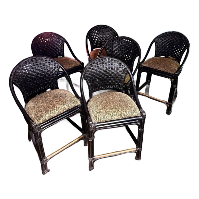 Palecek Designer Black Woven Rattan Cheetah Counter Stool Set For Sale