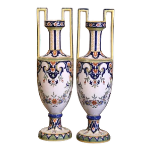 Pair of Mid-Century French Hand Painted Faience Vases Signed Hb Quimper