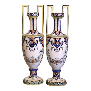 Pair of Mid-Century French Hb Quimper Hand-Painted Faience Vases For Sale