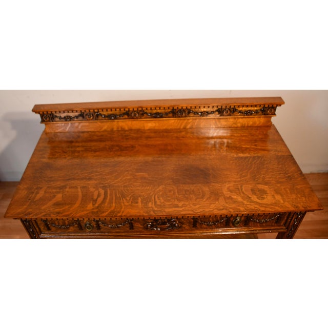 1900 Antique English Renaissance Revival Tiger Oak Carved Server / Buffet For Sale - Image 15 of 17