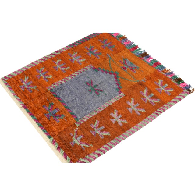Tribal Vintage Tulu Rug in Orange, Blue, Mihrab-Style Geometric Pattern For Sale - Image 3 of 6