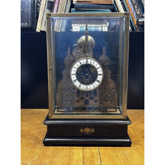 Brown Large Architectural Brass Cathedral Skeleton Clock with Case and Key For Sale - Image 8 of 18