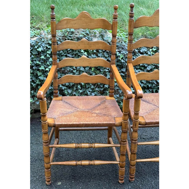Pair of Rustic English Country Ladder-Back Armchairs With Woven Rush Seats For Sale In New York - Image 6 of 12