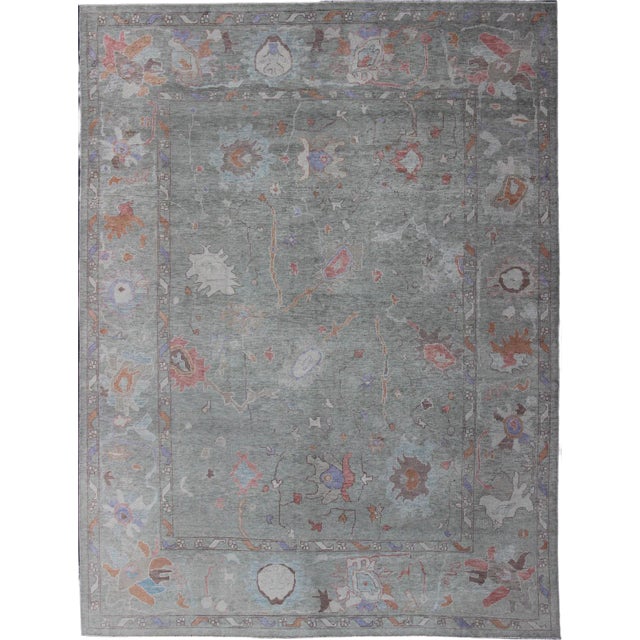 Large Turkish Oushak Reproduction Rug in Light Green Made With Hand Spun Fine Wool For Sale