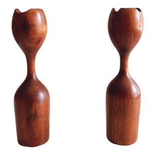 Midcentury Wooden Candlesticks- a Pair For Sale