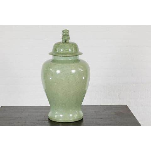 Chinese Crackle Green Celadon Lidded Vase with Stylized Foo Dog Finial For Sale - Image 3 of 12