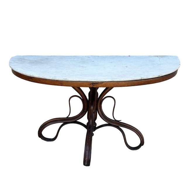 Brown Late Victorian Bent Wood Scrolling Console Table W/ Marble Top by Thonet For Sale - Image 8 of 11