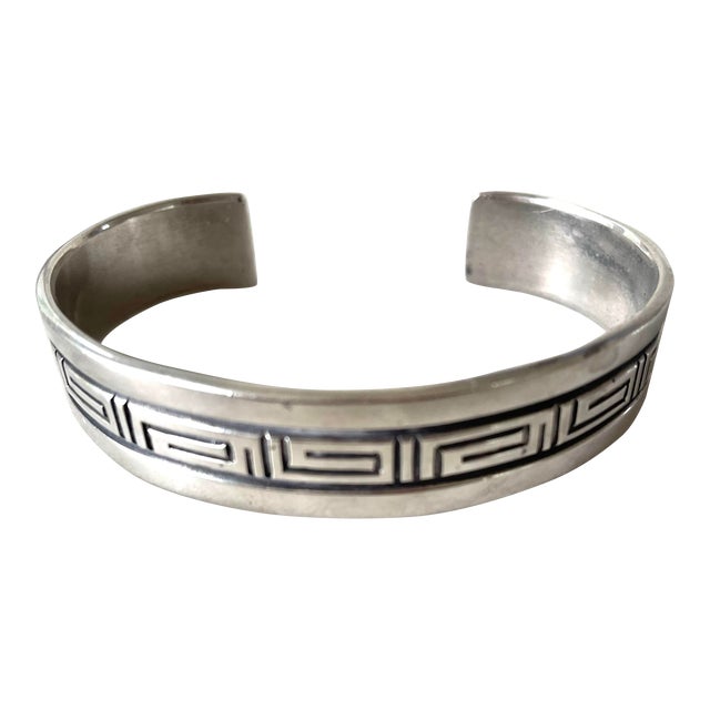 Vintage Navajo Troy Lamer Greek Key Design Sterling Silver Cuff Bracelet - Signed For Sale