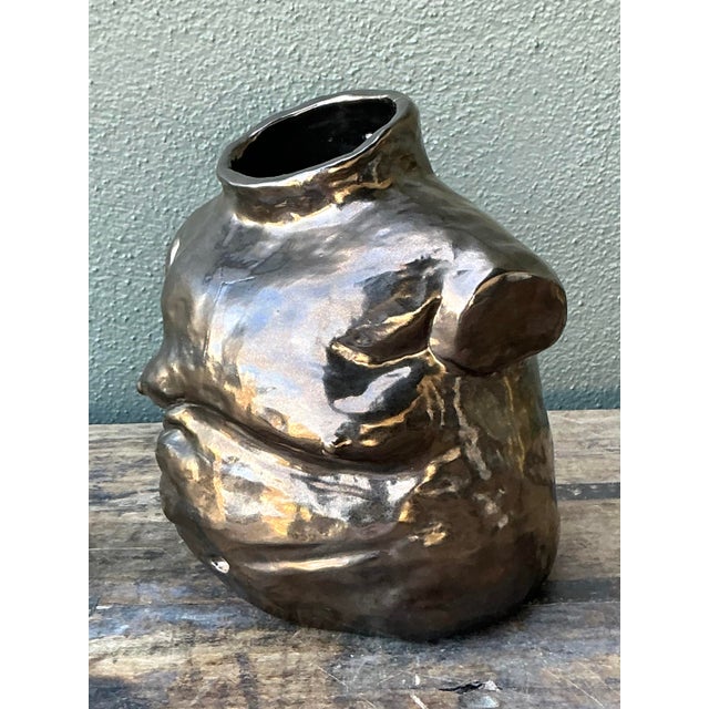 Late 20th Century Vintage Boho Metallic Glazed Ceramic Torso Vase For Sale - Image 5 of 8