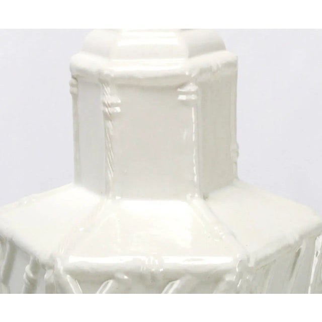 Mid-Century Modern White Ceramic Hexagonal Bamboo Relief Table Lamps - a Pair For Sale - Image 3 of 6