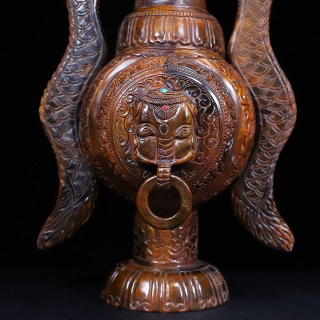 Brown 1950s Monumental Pair of Carved Horn Vases - Chinese Double Dragon Handled Bottles, 12kg For Sale - Image 8 of 10