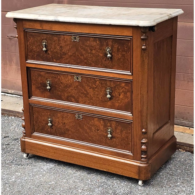 French 19th Century French Louis Phillipe Burl Walnut Marble Top Rolling Commode Chest of Drawers For Sale - Image 3 of 13