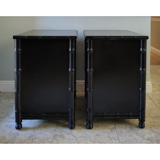 A Pair of Faux Bamboo Nightstands Black For Sale - Image 10 of 11