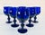 Art Deco style set of 6 cobalt glass wine stems with a ball accented stem. No marks. Excellent condition.