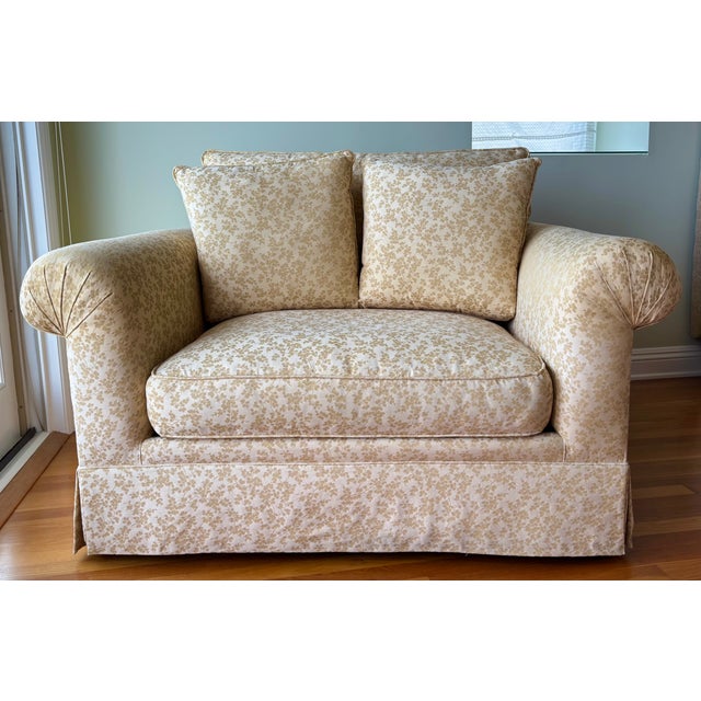 1990s Comfy Vintage Easy Chair and a Half - Reupholstered in a Soft Yellow Chinoiserie Fabric For Sale - Image 12 of 12