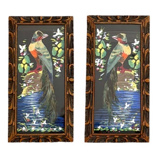 Vintage Mexican Feather Art Collage - A Pair For Sale