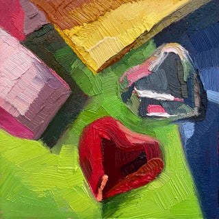 Hearts & Ribbons by Yana Beylinson | Oil on Board Abstract shapes with hearts and ribbons. For Sale