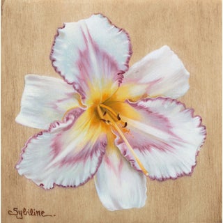 Hemerocallis III by Sybiline | Oil on panel Flower with white and purple petals For Sale