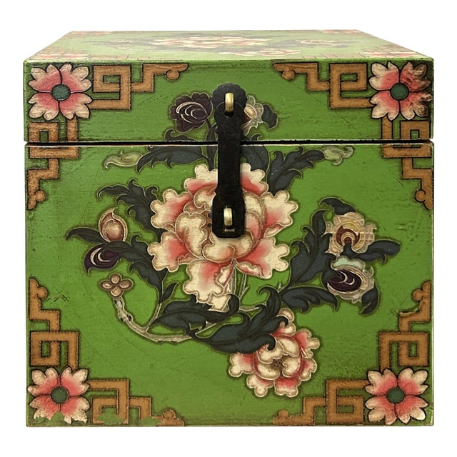 Chinese Distressed Green Lotus Flower Graphic Square Shape Box For Sale