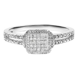 .925 Sterling Silver 1/4 Cttw Princess-cut Diamond Composite Ring with Beaded Halo (H-I Color, SI1-SI2 Clarity) - Size 7 For Sale