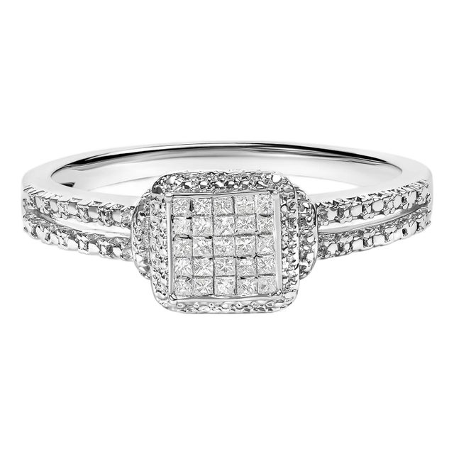 .925 Sterling Silver 1/4 Cttw Princess-cut Diamond Composite Ring with Beaded Halo (H-I Color, SI1-SI2 Clarity) - Size 7 For Sale