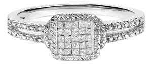 .925 Sterling Silver 1/4 Cttw Princess-cut Diamond Composite Ring with Beaded Halo (H-I Color, SI1-SI2 Clarity) - Size 7