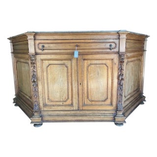 Italian Walnut Credenza With Hand-Carved Details & Grey Marble Top, Trapezoidale Circa 1850–1880 For Sale