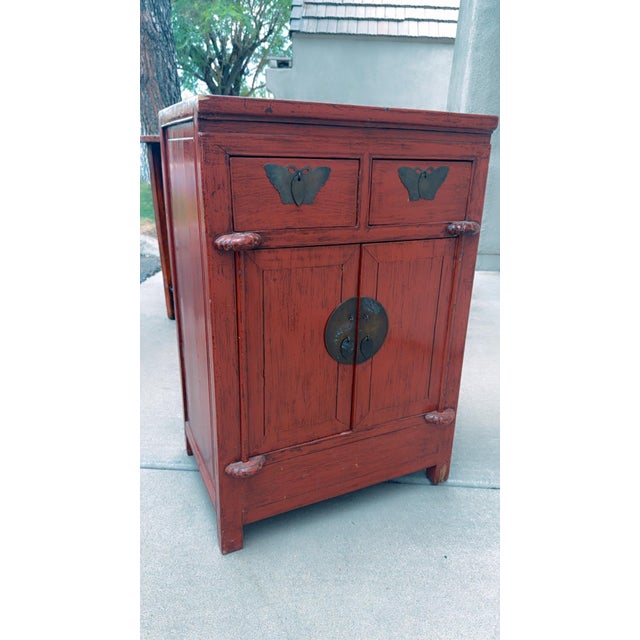 Wood Qing Dynasty 19th Century Chinese Red Lacquer Cabinet With Drawers and Doors For Sale - Image 7 of 12