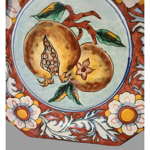 Late 20th Century Late 20th Century Italian Majolica Hand Painted Floral Pomegranate Platter Wall Hanging #2 For Sale - Image 5 of 6