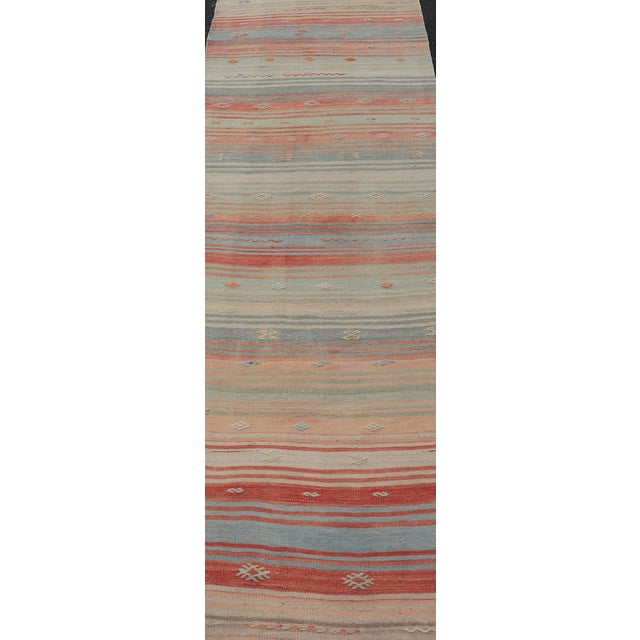 Measures: 2'10 x 11'6 Vintage Turkish Kilim Runner in Coral, Blue and Beige Striped Design. Keivan Woven Arts /...