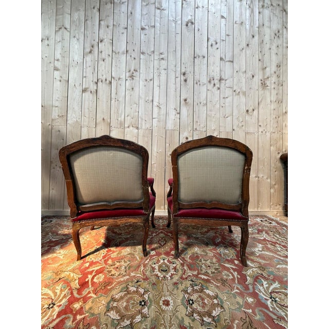 Louis XV Armchairs in Carved Wood and Burgundy Velvet, Set of 2 For Sale - Image 6 of 8