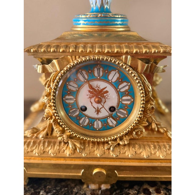 1900s French Sevres Porcelain Gilt Bronze Turquoise Mantle Clock Candelabra Set For Sale In Los Angeles - Image 6 of 7